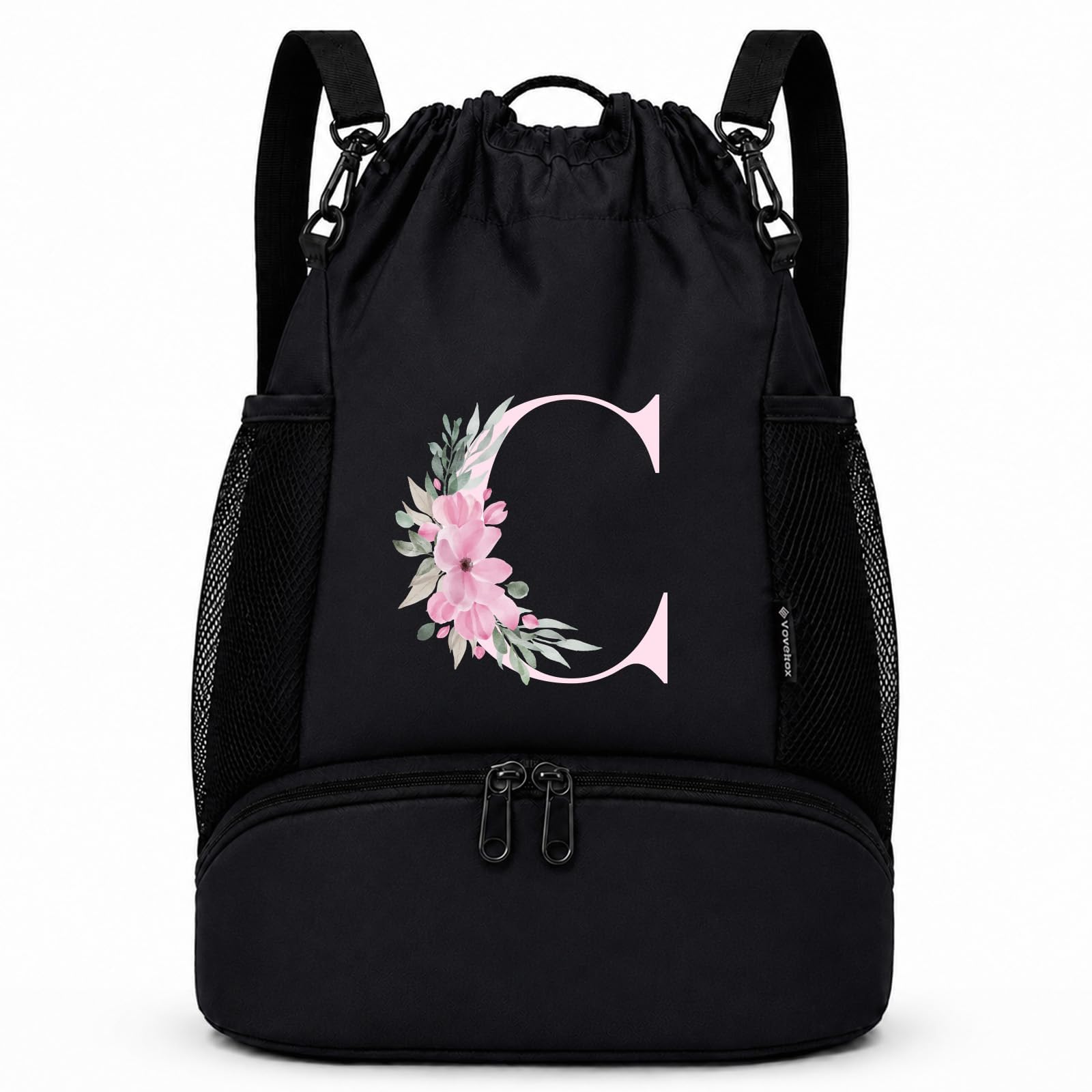 Vavabox Initial Drawstring Backpack Swim Bag Gift for Girls (Black) (C)