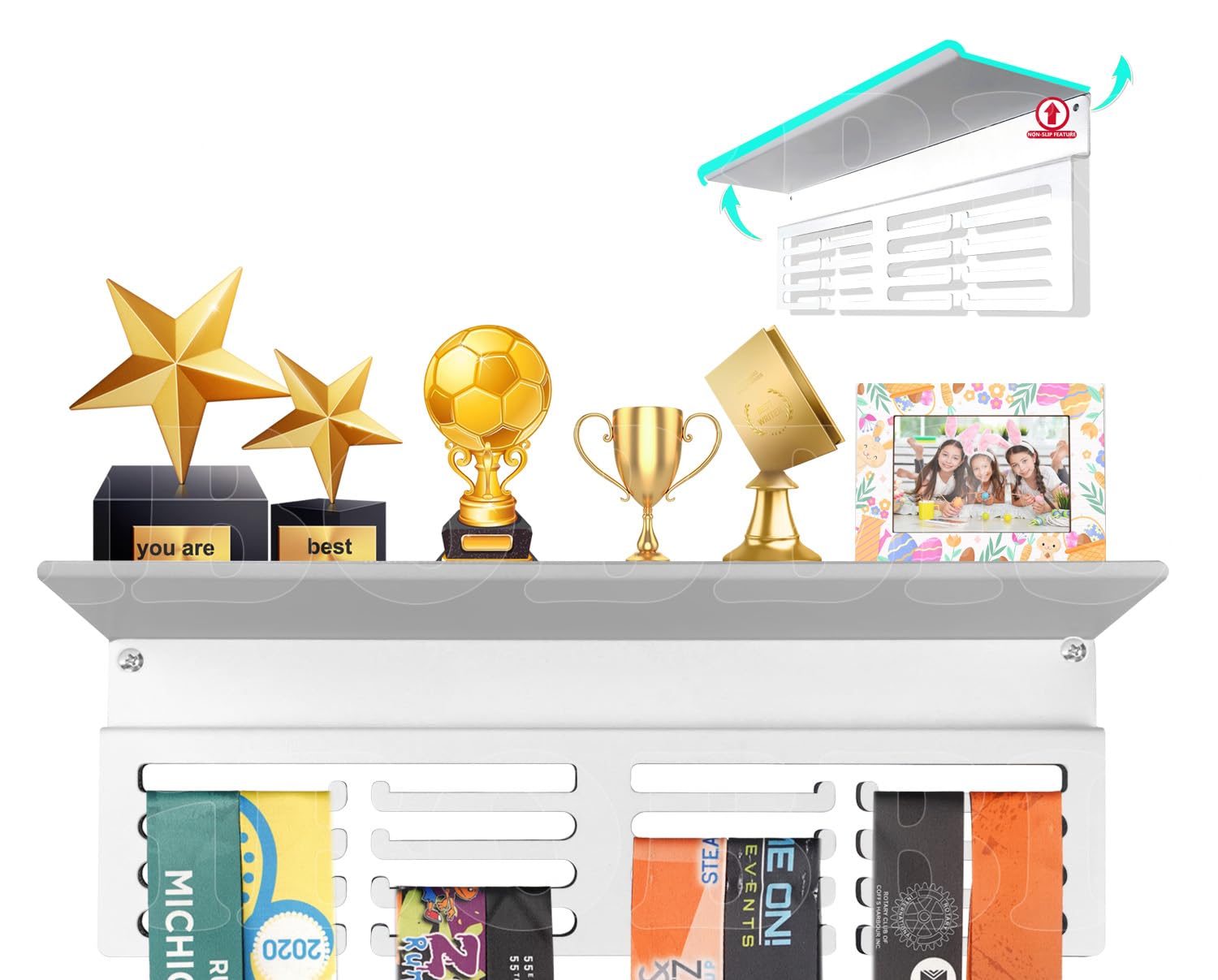 iBobbish Metal Medal Hanger Display,Non-Slip Trophy Shelf with 20 Hooks,Wall Mount,Heavy Duty,Non-Bent,Holds 22-33lbs,for Gymnastics,Race,Soccer,Swim