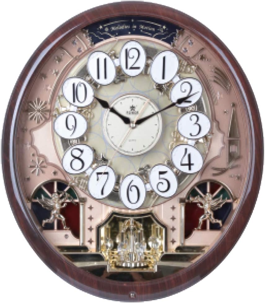 PWR+ Musical Motion Wall Clock | Melodies and Moving Face | Color: Dark Woodgrain and Gold with Crystal | Sound and Movement | Music: Classic, Christmas, Theraputic