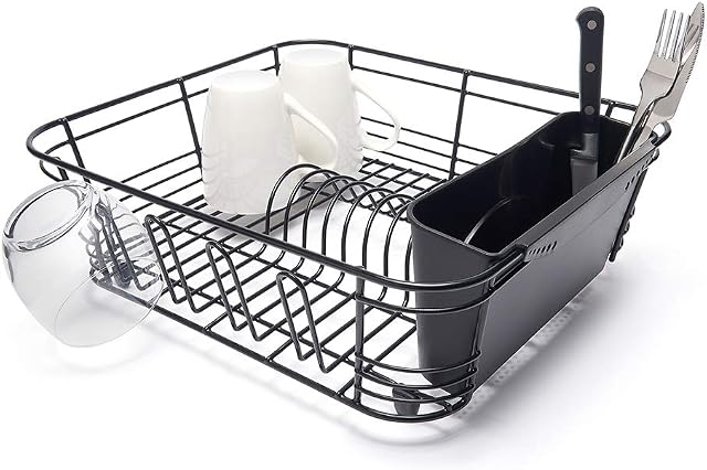 simplywire - Dish Drainer with Cutlery Basket and Glass Drying Hooks - Black