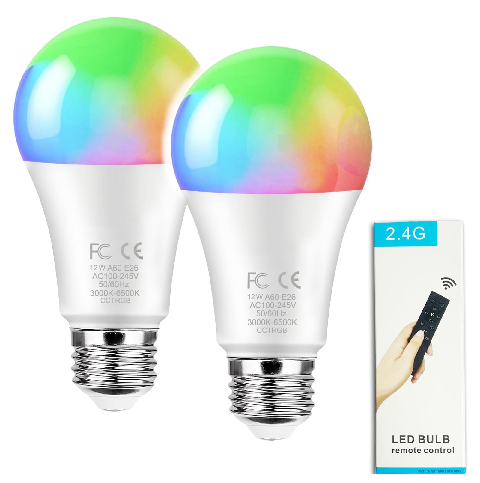 GRV 12W AC100-240V A60 Smart Light Bulb with 2.4GHz Remote, RGBCW Color Changing LED Bulb, Stepless Dimmable 3000-6500K, 100W Incandescent Equivalent, 1000LM CRI>80, E27 Base, 2 Pack