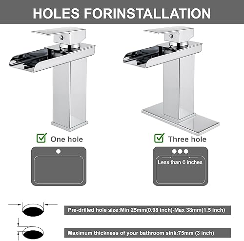 Miniatura 6 de Grifo de cascada, grifo de lavabo de baño de una sola manija de cromo pulido, acero inoxidable con grifo de drenaje desplegable adecuado para baños,