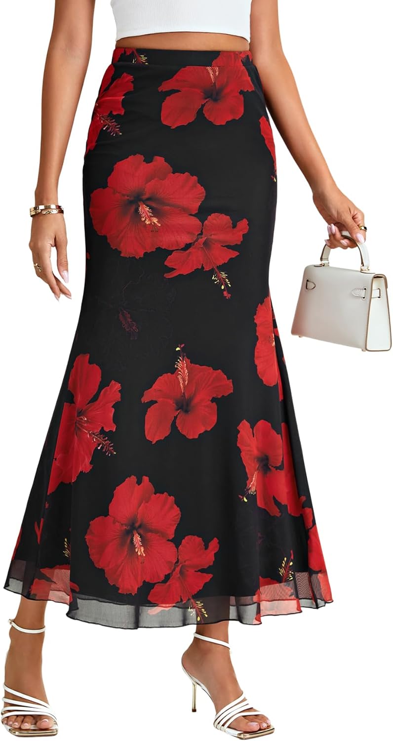 KIFOVEN Women's Mesh Floral Print High Wasit A-Line Hem Slim Fit Long Skirt - Image 2