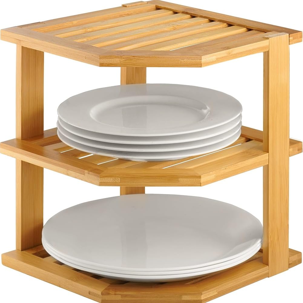 IJSDNVJNDX Bamboo for Plates& Dishes Organizer-Corner Rack for Kitchen Storage-Enhances Cabinet& Counter Space Bowl