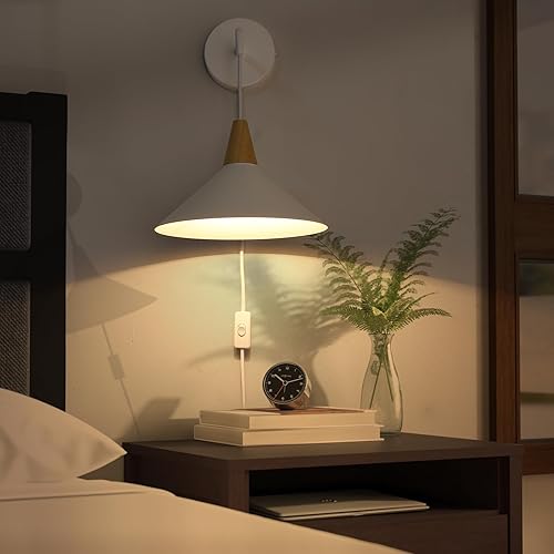 Miniatura 3 de Lámpara de pared moderna con cable de enchufe para mesita de noche, luz de pared blanca para sala de estar, aplique de madera industrial, accesorio