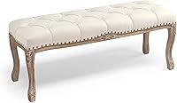 COZYMAN French Vintage Tufted Bedroom Bench 45.2" Upholstered End of Bed Ottoman, Carved Distressed Wood Legs, Beige Linen for Entryway Living Room