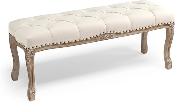 Cozyman Bedroom Bench, French Vintage Tufted Entryway Bench, 45.2" Carving Upholstered End of Bed Bench with Distressed Wood Legs, Linen Ottoman Seat for Living Room, Foyer, Dining Room, Beige