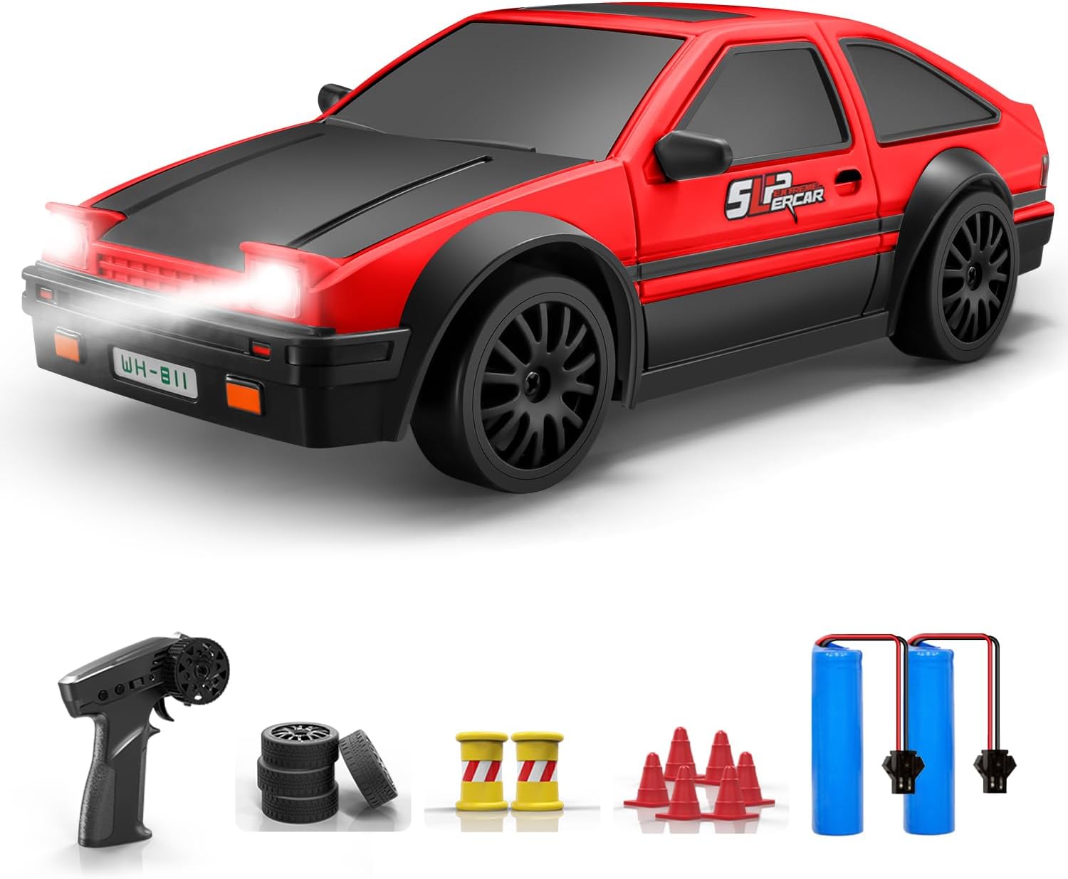 ACAMMZAR RC Drift Car, 1:24 Remote Control Car for Kids, 20KM/H 4WD High Speed RC Cars with LED Lights, Two Batteries, Extra Drifting Tires, Vehicle for Adults Boys Girls
