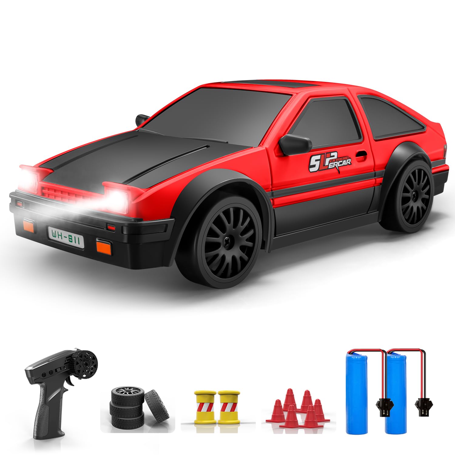 ACAMMZAR RC Drift Car, 1:24 Remote Control Car for Kids, 20KM/H 4WD High Speed RC Cars with LED Lights, Two Batteries, Extra Drifting Tires, Vehicle for Adults Boys Girls