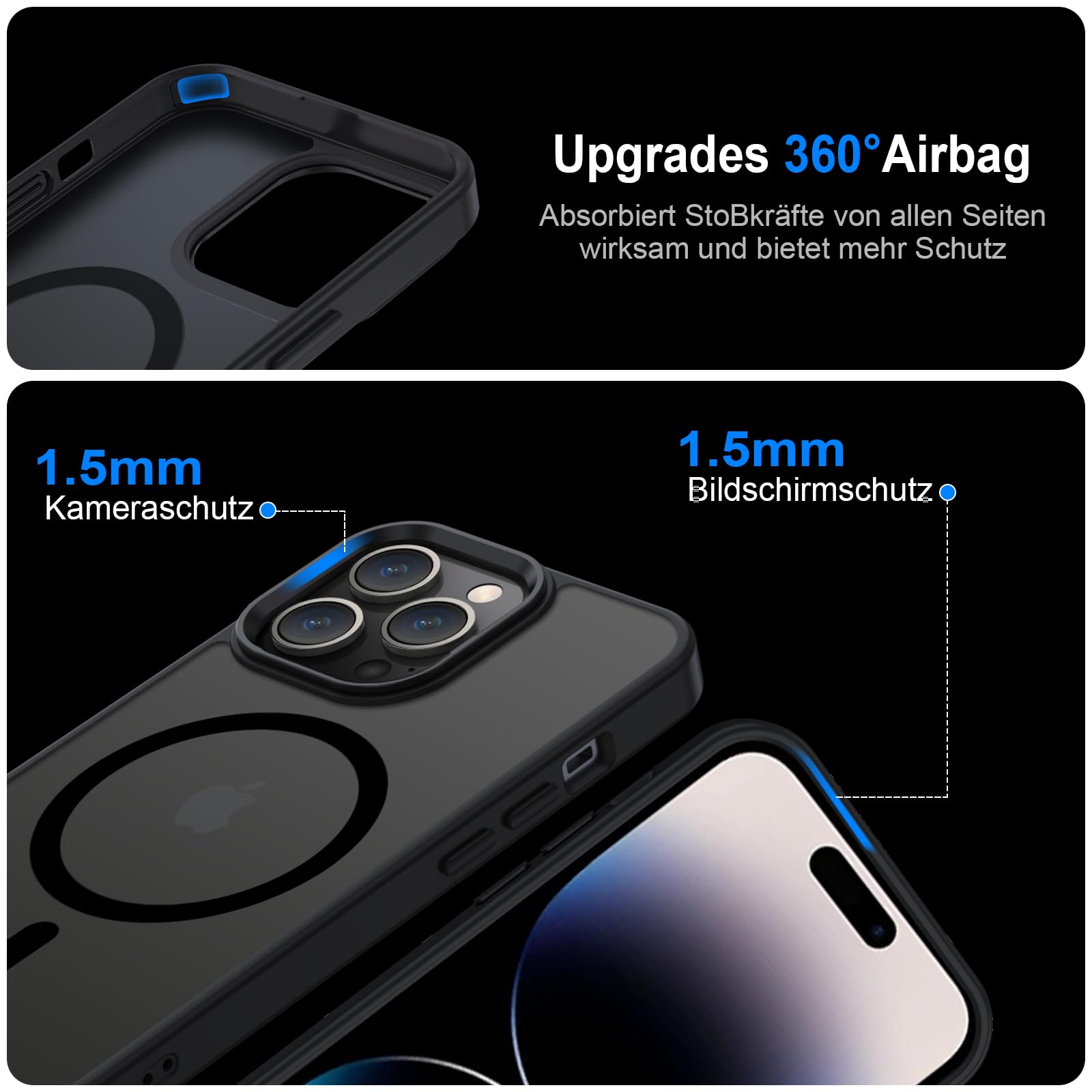 COPIKE Cover Magnetica per iPhone 14 Pro con 2 Vetro Temperato e 2 Lente Fotocamera Protezione, Custodia Magsafe Sottile Antiurto Posteriore Glassata Traslucida Anti-Impronte, Opaca Nero