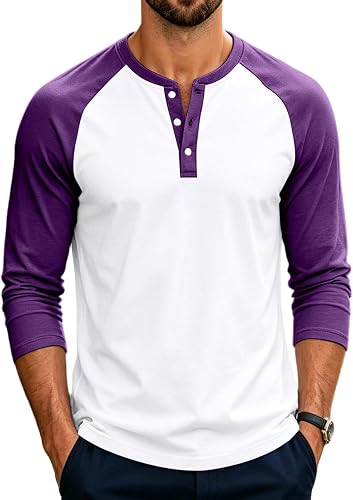 Long Sleeve Henley T Shirts for Men Casual, Men's Raglan Block T-Shirts with But