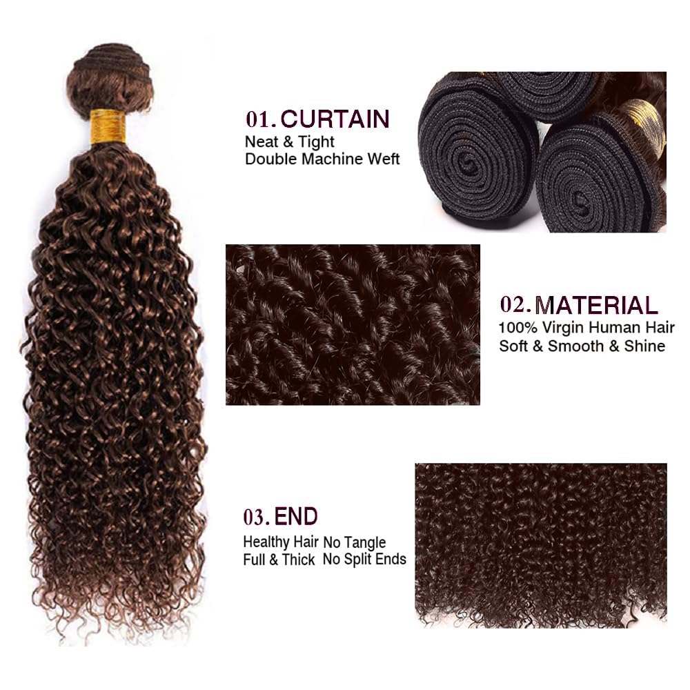 Chocolate Brown Bundles Color #4 Kinky Curly Human Hair 3 Bundles 10 12 14 Inch Unprocessed Brazilian Virgin Dark Brown Curly Wave Bundle Hair Extensions