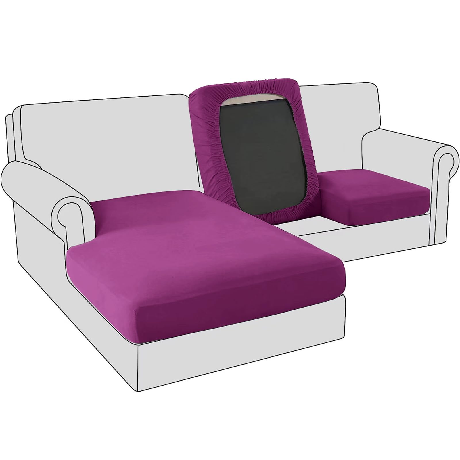 BXFUL Sofa Seat Cushion Covers, Stretch Velvet Sofa Cushion Slipcovers, Couch Cushion Covers Replacement for Individual Cushion with Elastic Fabric (3-Seater,Purple)