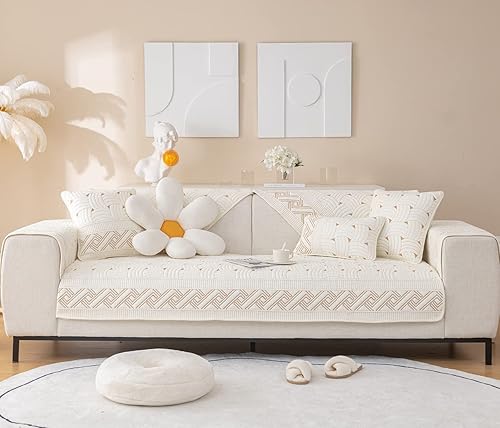 Miniatura 2 de vctops Funda acolchada de algodón de color liso para sofá, con patrón de tejido suave, funda de sofá modular con bordado antideslizante para perros,