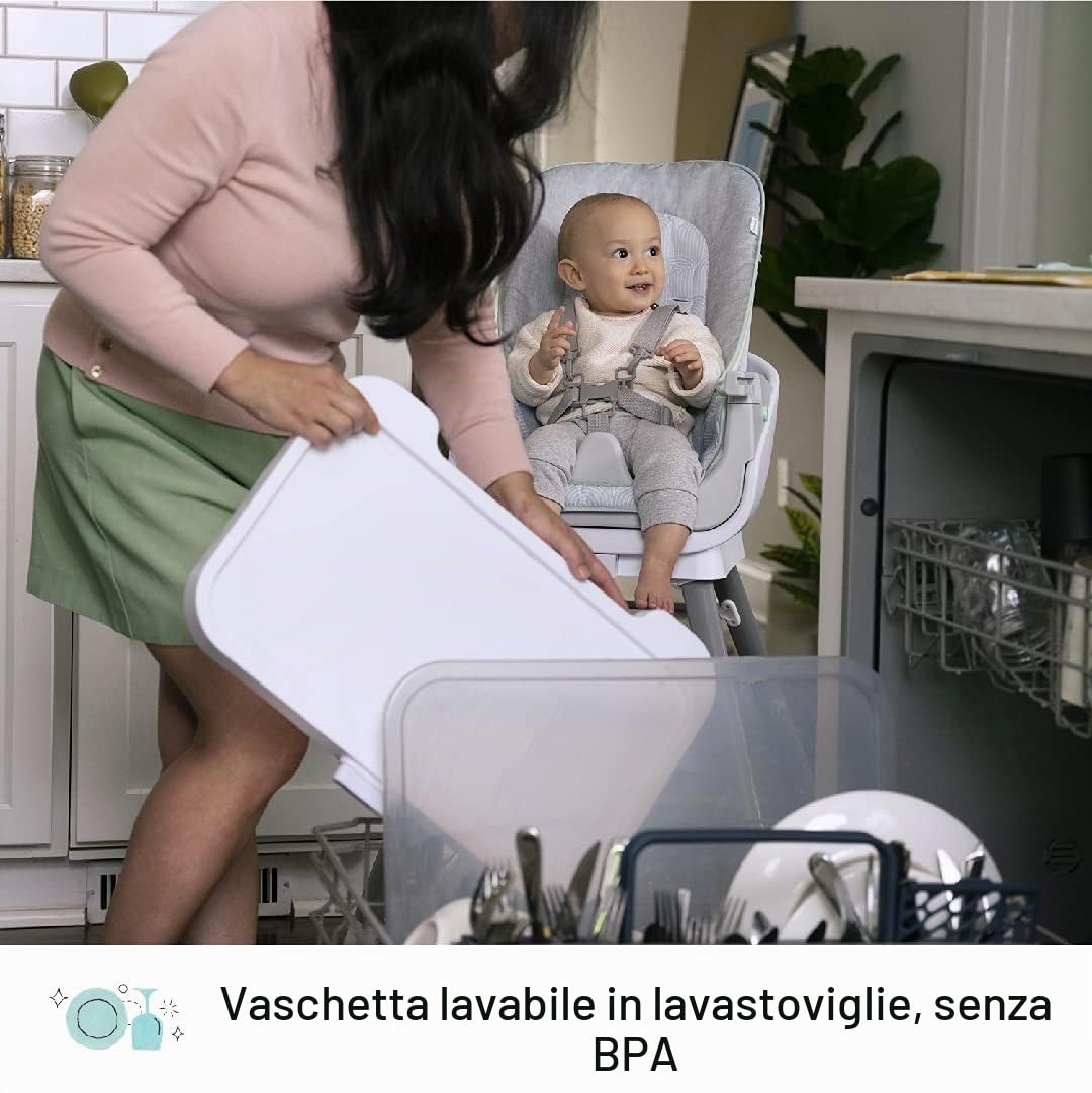 Ingenuity, seggiolone evolutivo Beanstalk 6-in-1, seggiolone alimentazione con vassoio rimovibile e seggiolino di rialzo per bambini con vibrazioni rilassanti e arco di gioco, 0-5 anni, Ray