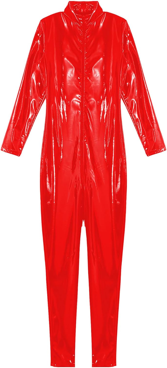Freebily Men's Faux Leather Costume Cosplay Zentai Full Bodysuit Halloween Zipper Metallic Jumpsuit