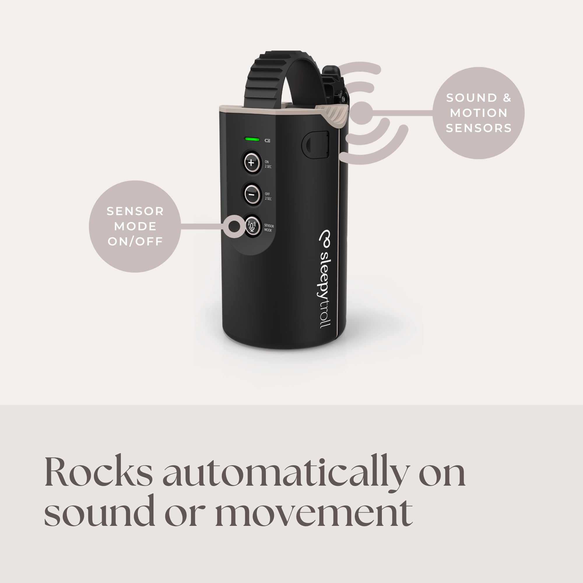 Sleepytroll Baby Rocker Gen2 | Bascule rechargeable avec capteurs de mouvement et de son, contrôle par application, bascule de 3 heures, autonomie de 12 h, certifié CE et FCC, résistant à l'eau