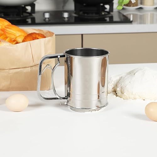 Miniatura 4 de Snowyee Tamiz de harina, para hornear acero inoxidable, 3 tazas, tamiz de doble capa con diseño de prensa manual (1 unidad)
