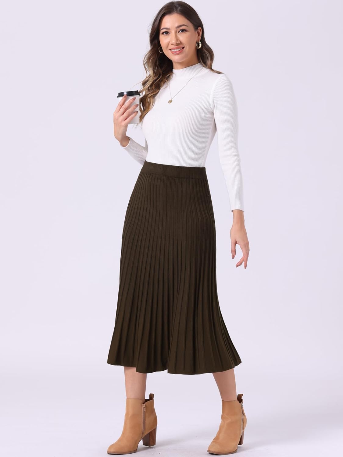 Allegra K Women's Casual High Waist A-Line Pleated Knitted Skirt Sweater Midi Skirts - Image 2