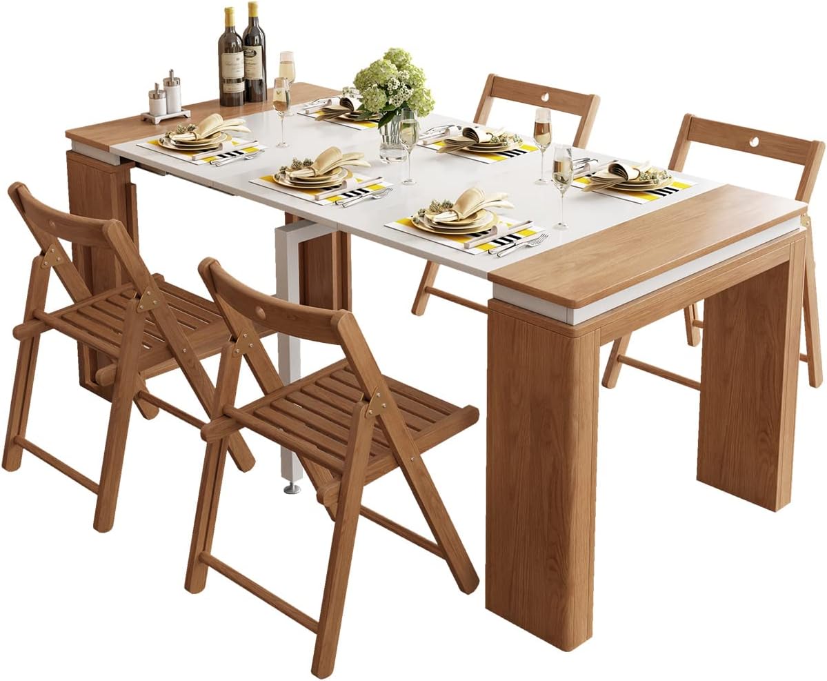 QEZEOM Folding Dining Table Hidden Retractable Dining Table Set of 4 Chairs Small