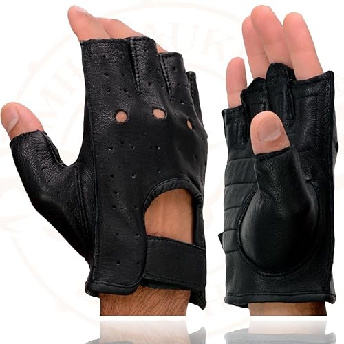 Miniatura 6 de Milwaukee Leather SH851 Men's Black Leather Gel Padded Palm Fingerless Motorcycle Hand Gloves Made W Genuine USA Deerskin