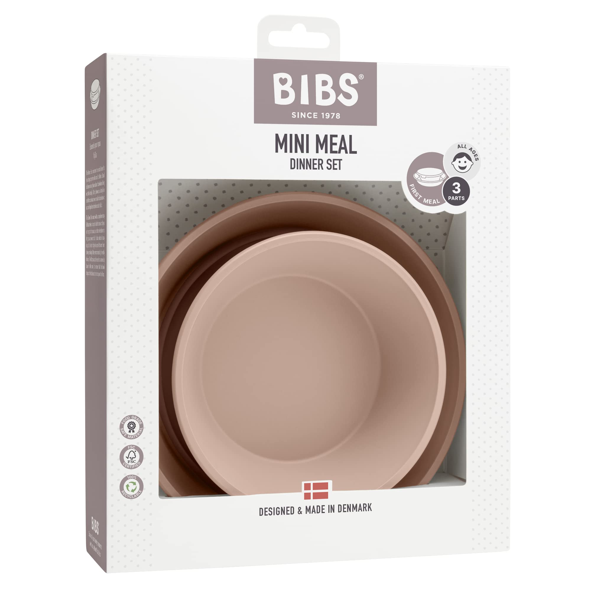 BIBS Set Cena Per Bambini - Piatto E Ciotola Con Coperchio - Prodotto In Danimarca, 100% Sicuri, Lavabili In Lavastoviglie - Colore Blush/Woodchuck