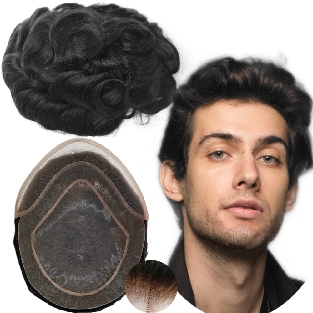 protesis capilar hombre tupé Sistema de encaje de pelo humano 100% europeo para hombres encaje francés fino con PU alrededor(#1B Natural Negro, 8x10")