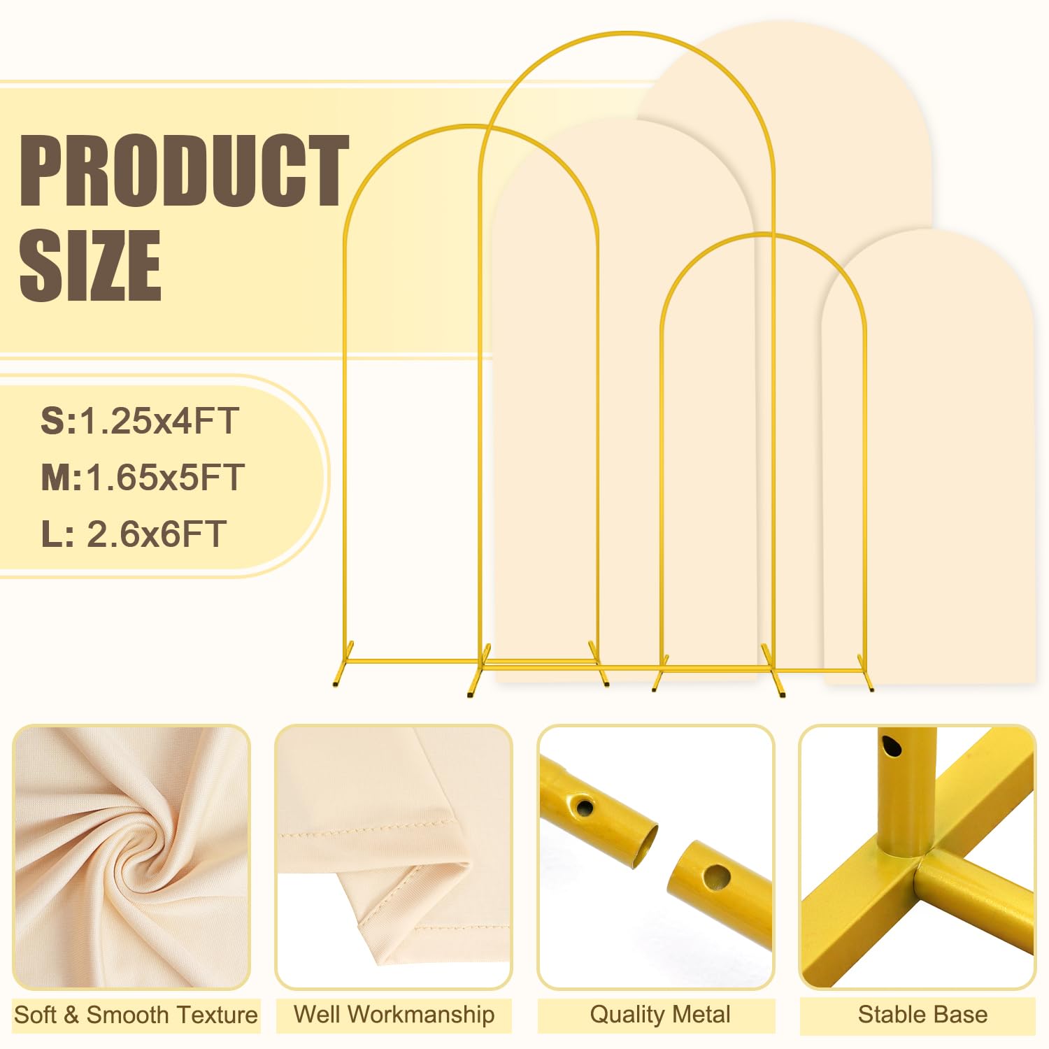 MODFUNS Metal Arch Backdrop Stand and Cover Set 4&5&6ft Beige Wedding Arch Covers Gold Arched Cover Set of 3 Chiara Arches Backdrop Cover for Wedding Ceremony Party Banquet Decoration