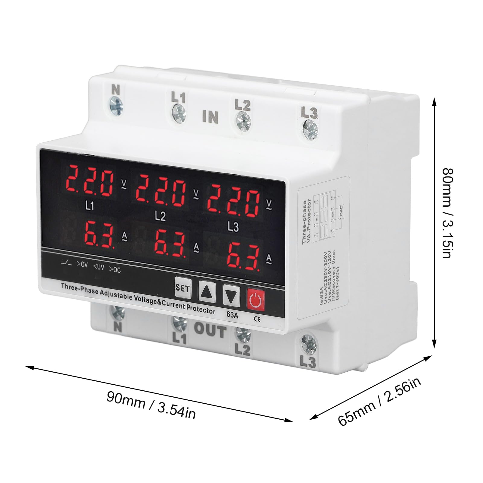 Protezione da Sottotensione Voltmetro Trifase Amperometro Relè di Protezione da Sottotensione Protezione da Sovracorrente Regolabile AC120V‑300V 63A