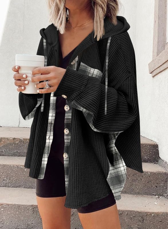 SHEWIN Womens Waffle Knit Plaid Shacket Boyfriend Button Down Shirt Hooded Jacket Loose Long Sleeve Tops2