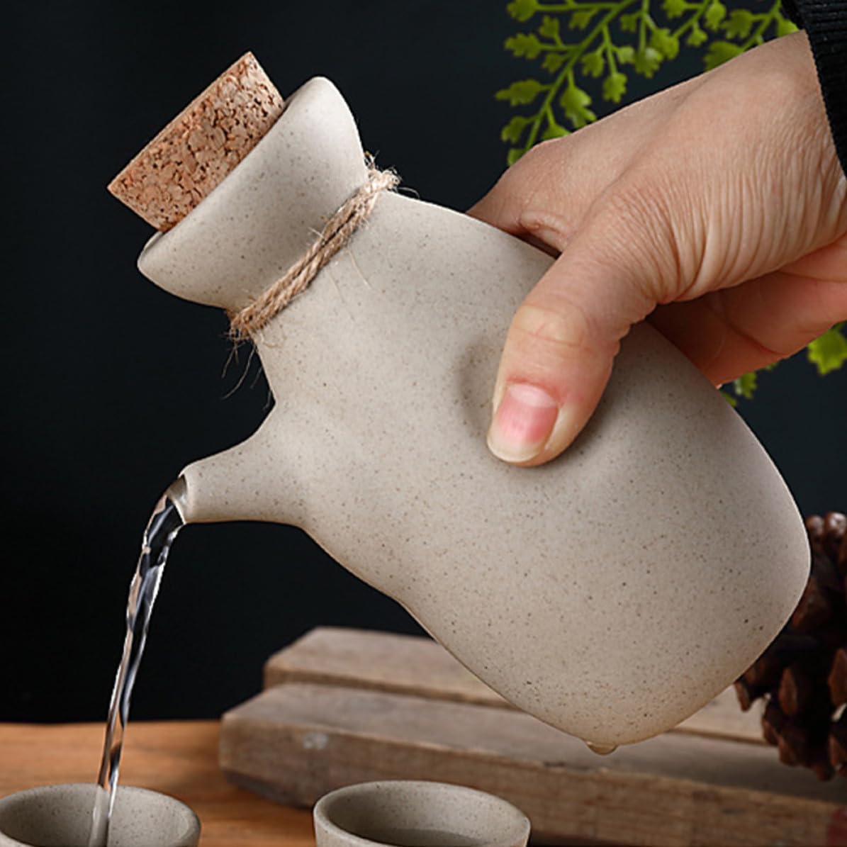 Ceramic Sake Set with 300ml and 4 Cups 50ml Beige