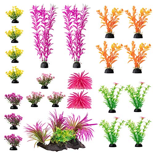 Aquarium Decorations 23 Pack Lifelike Plastic Decor Fish Tank Plants, Small to Large Artificial Fish Accessories Includes Rocks and Colorful Plants