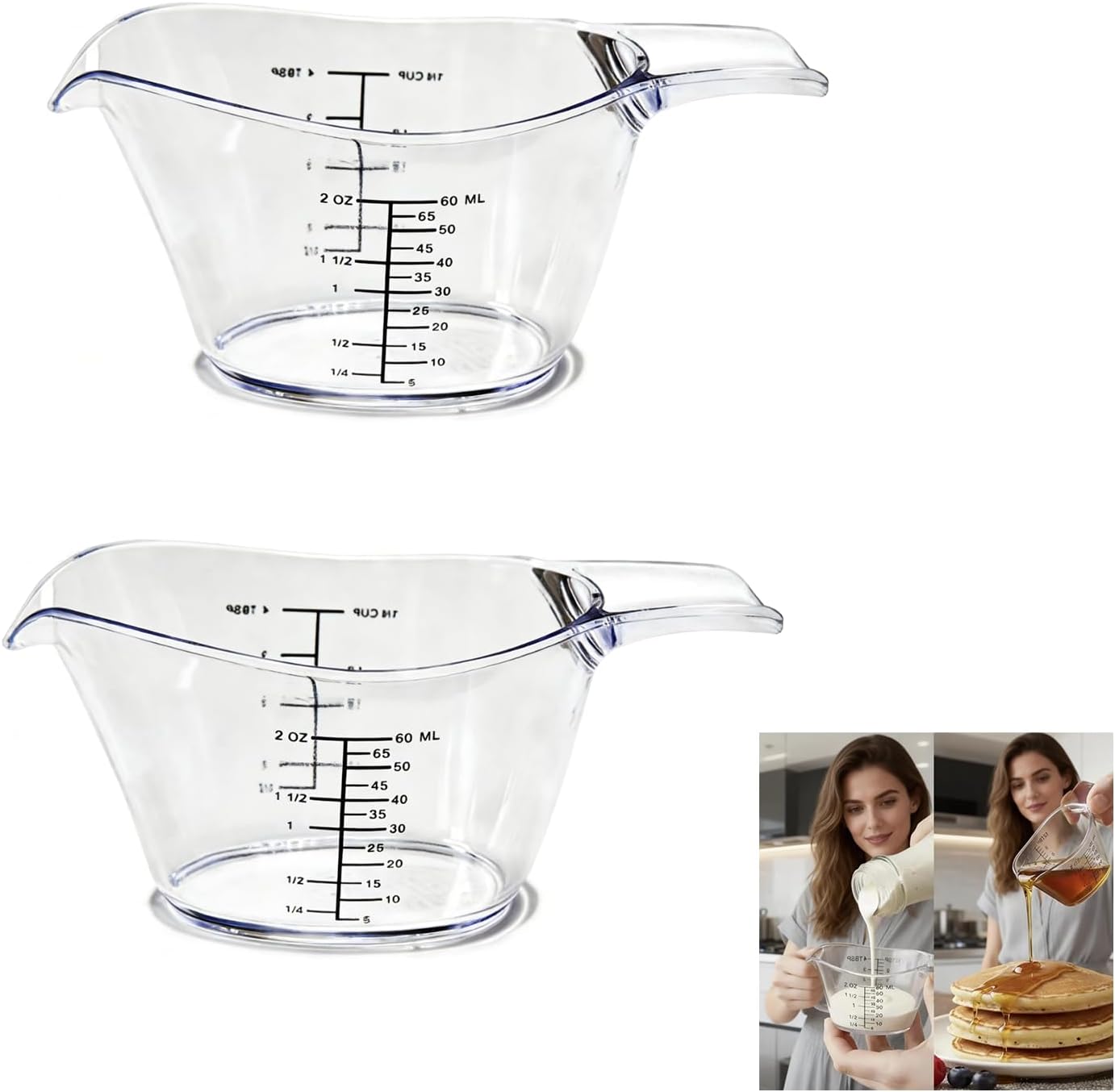 - 2-Pack Small Measuring Cups, 2 oz/60 ml Mini Measuring Cups, with Small Spoon/Large Spoon/Ounce/Milliliter Markings, Transparent 2 oz Cups, For Kitchen and Laundry