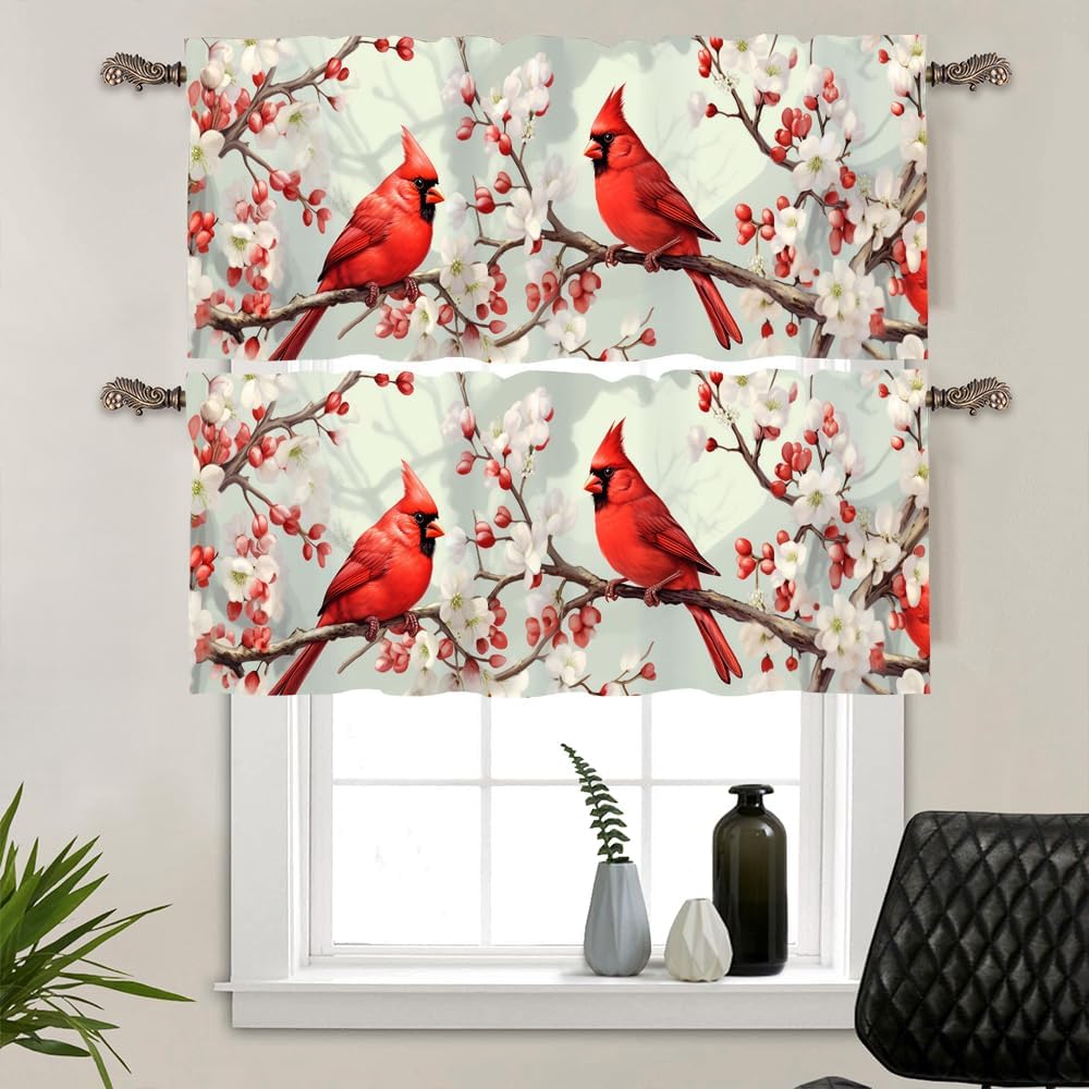 2 Panels Rustic Floral Window Valances, Branch Plant Bird Window Treatment Decor Curtains Rod Pocket Valances for Kitchen/Living Room, 54" X 18"