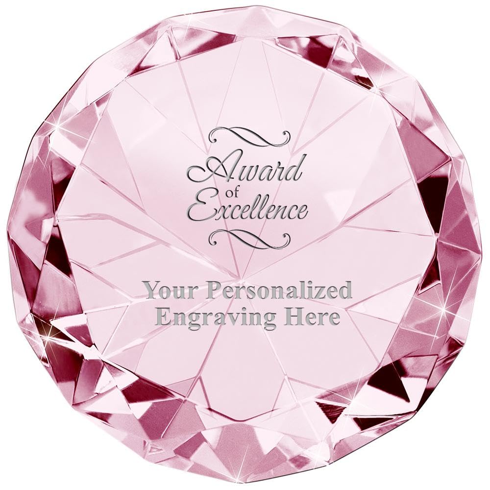 Crown Awards Customizable Crystal Award, 2" Engraved Pink Crystal 80 Carat Diamond Paperweight Award