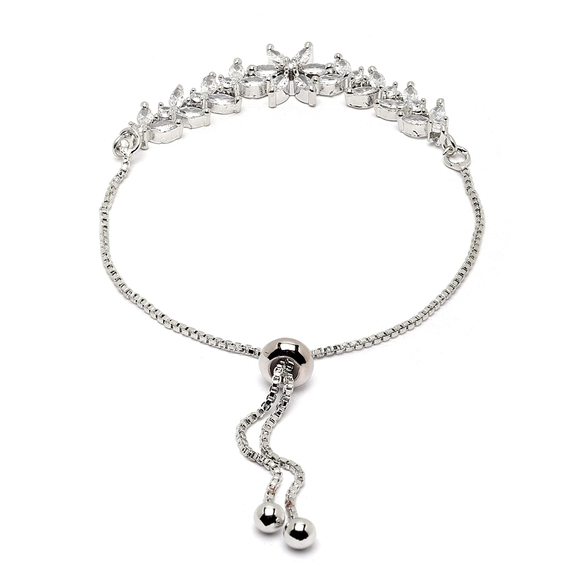 ZENEME Bracelet Rhodium-Plated Silver Toned Stylish Flower Shaped Crystal American Diamond Charm Bracelet For Women and Girls 4