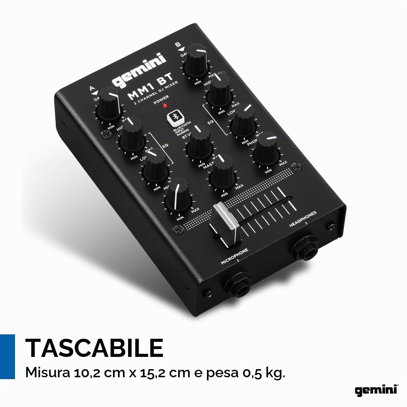 Gemini Sound MM1BT Bluetooth a 2 Canali Dual MIC Input Stereo 2-Band Rotary Compact DJ Podcast Mixer con Crossfader e Controllo Individuale di Guadagno