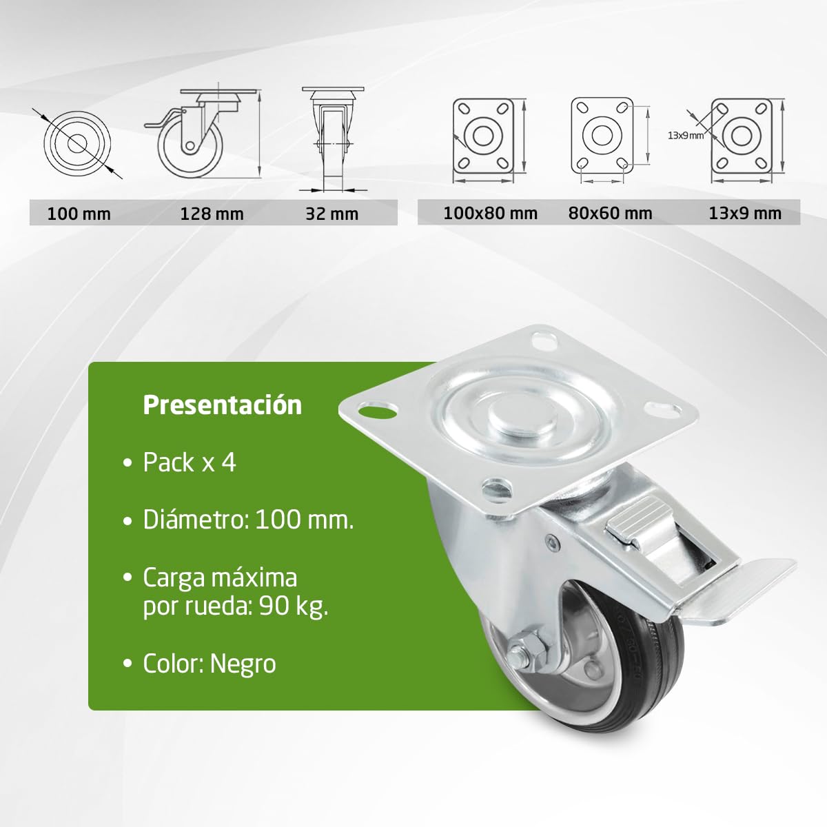 Amig - Pack de 4 Ruedas para Muebles - Ø 125 mm - Carga Máxima por rueda 120 kg - Pletina de Acero - Fabricada con Goma - Con Freno - Ideales para Mover Equipos Industriales y Muebles Pesados