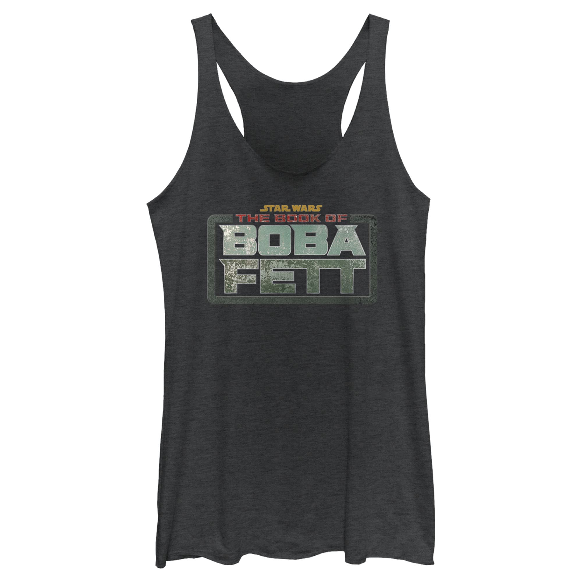 STAR WARS Book of Boba Fett Stacked Logo Juniors Tri Blend Tank, Black Heather, XX-Large
