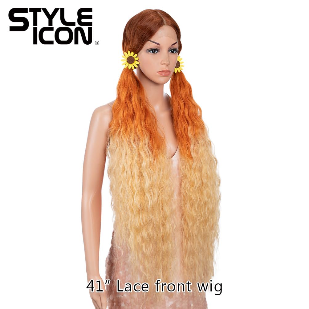 Style Icon 41" Ombre Orange Yellow Lace Front Wigs Long Wavy Synthetic Wigs with Baby Hair Half Hand Tied 130% Density Wigs (41", GT 130E/OR4/YEW6)