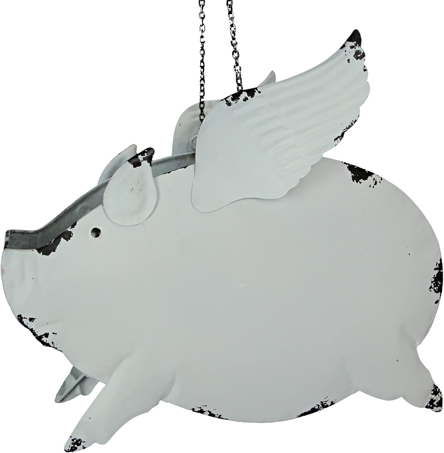 Zeckos Set of 2 Distressed White Metal Flying Pig Hanging Planters - Whimsical Farmhouse-Style Outdoor Decor for Your Patio, Garden, or Balcony - 13, 11 Inches Long