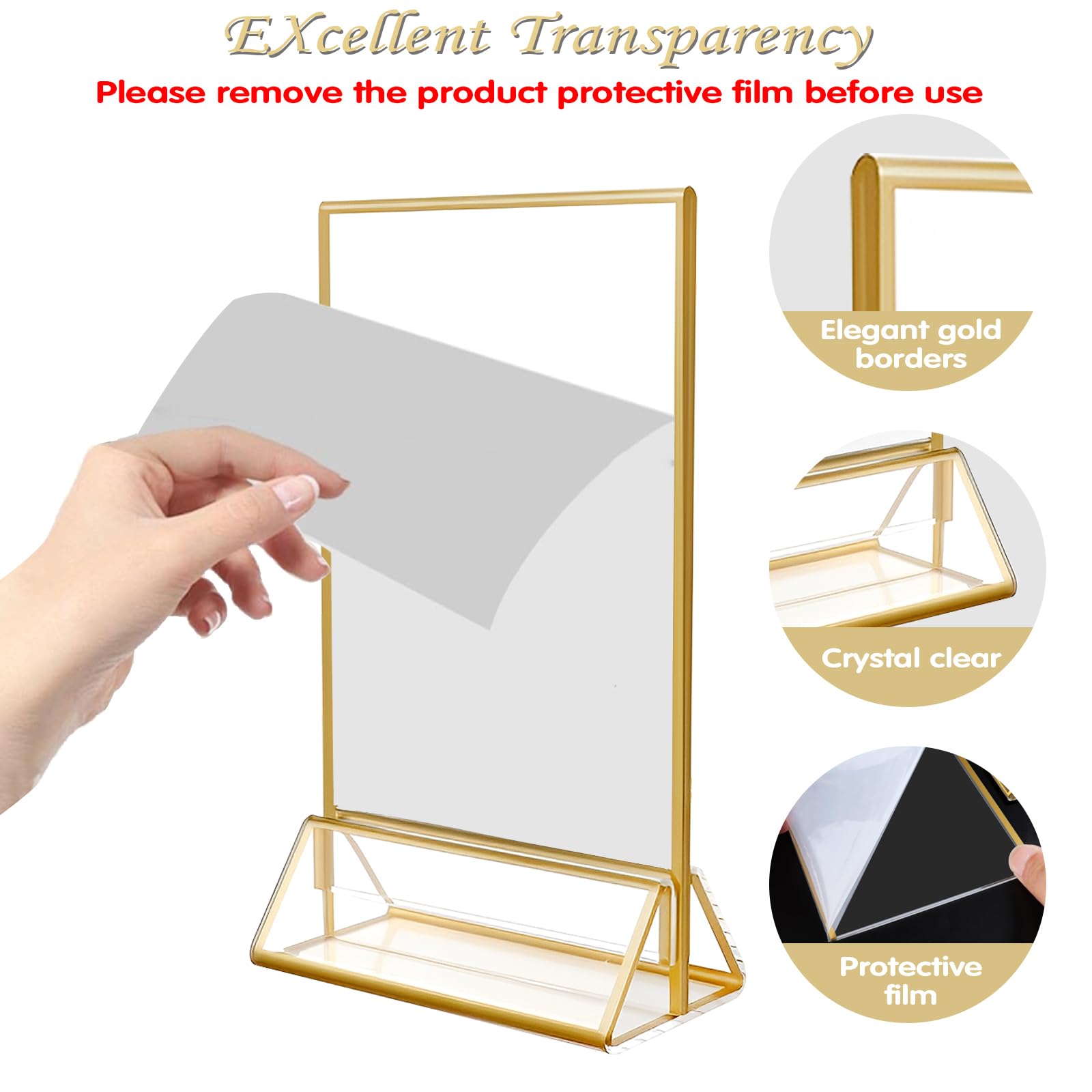 Lot de 6 supports de panneau en acrylique avec bordure dorée, cadre transparent double face, support vertical parfait pour numéros de table de mariage, menu de restaurant, affichage de photos