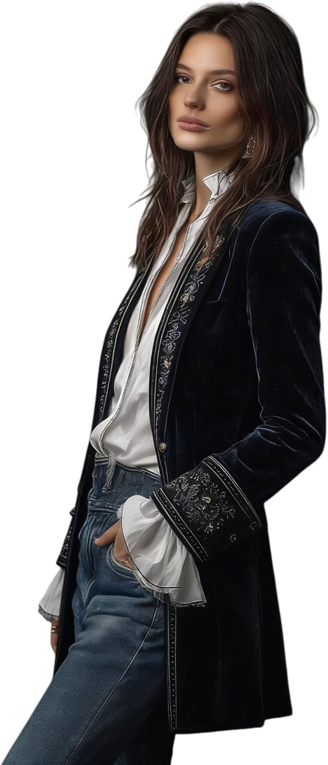 Velvet Jacket Women Vintage Embroidered Long Sleeve Tops Open Front Gothic Coat, Retro Solid Color Women Winter