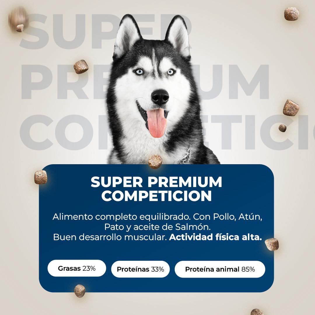 Pienso para Perros de Competición - Alto en Proteínas y Grasas para Desarrollo Muscular - Ideal Cazadores, Mushing, Rescate, Rendimiento - Alta Actividad Física - 15kg Lobo Azul Competición