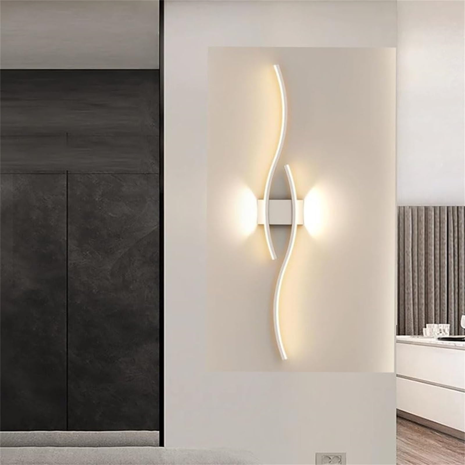 Nowoczesna lampa ścienna LED kształt fali lampa ścienna zasilana baterią USB oświetlenie ścienne długa akrylowa żelazo bezprzewodowa lampa ścienna do salonu (czarne neutralne światło, 60 cm)