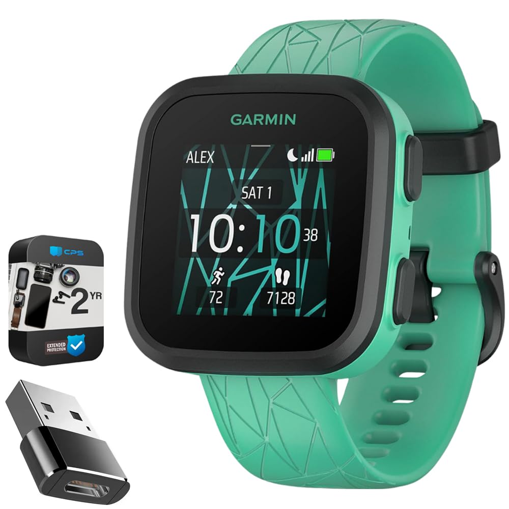 Garmin Bounce Kids Smartwatch Two-Way Text & Voice Messaging, Green Burst 010-02448-02 | Official USA Partner Model | Bundle with 2 YR CPS Enhanced Protection Pack & Converter Adapter Type C Adapter
