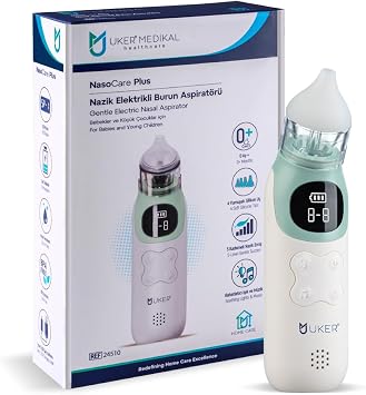UKER NasoCare Plus Elektrikli Burun Aspirat r  -  arjl  - 5 Kademeli Nazik Emi  - LED I k ve M zikli, 4 Silikon Ba l kl