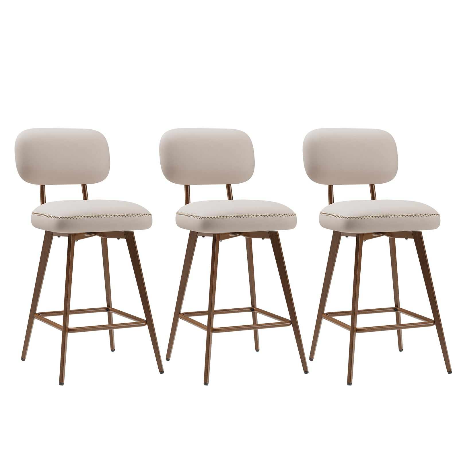 Swivel Bar Stools Set of 3, Mid Century PU Leather Counter Height Bar Chairs with Low Back and Metal Legs, Modern Bar Stool Chair for Kitchen Island, White