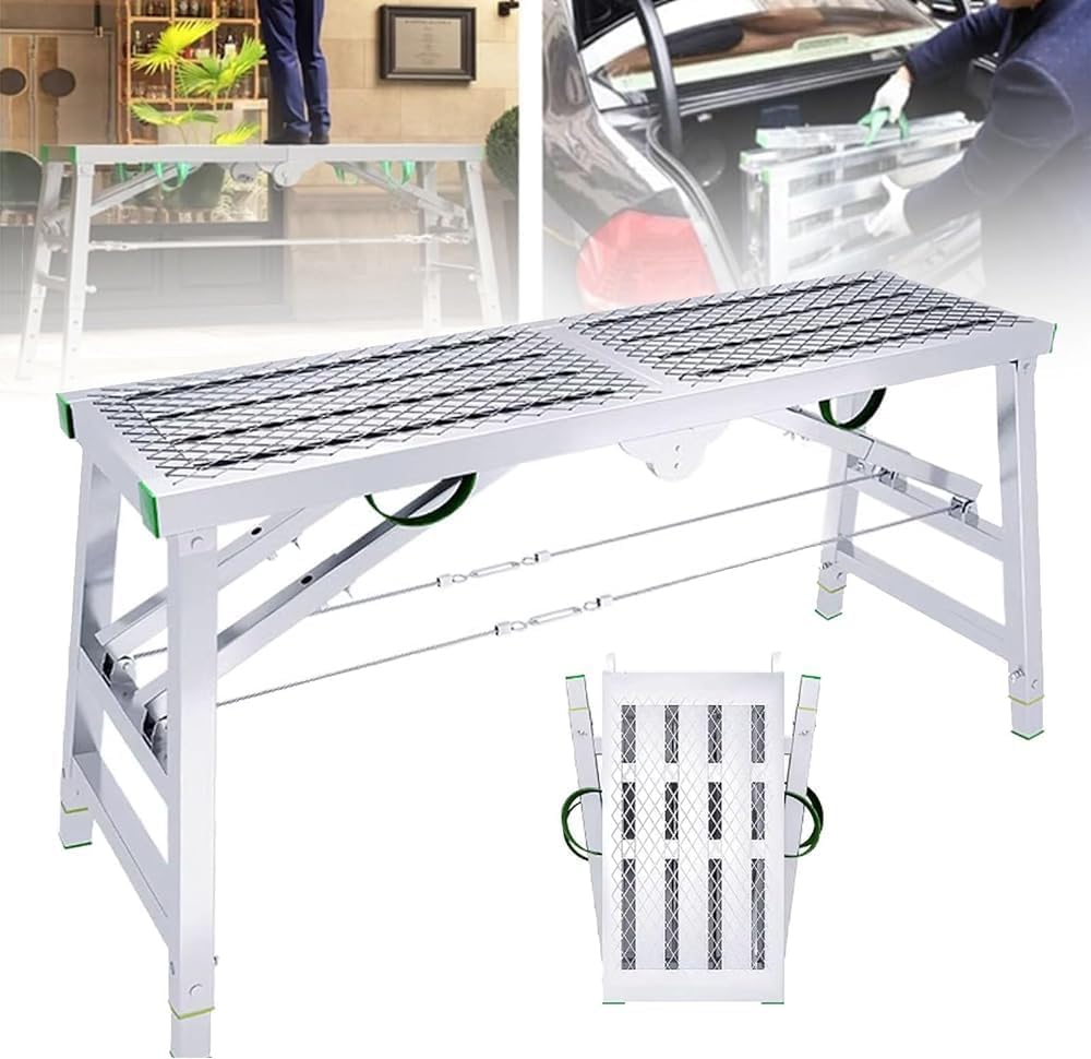 Portable Outdoor Work Platform, Heavy Duty Indoor Freestanding Steel Scaffold Work Bench Equipment with 5-Gear Adjustable Height, Platform Steel Step Ladder for Home Improvement(Size:140cm)