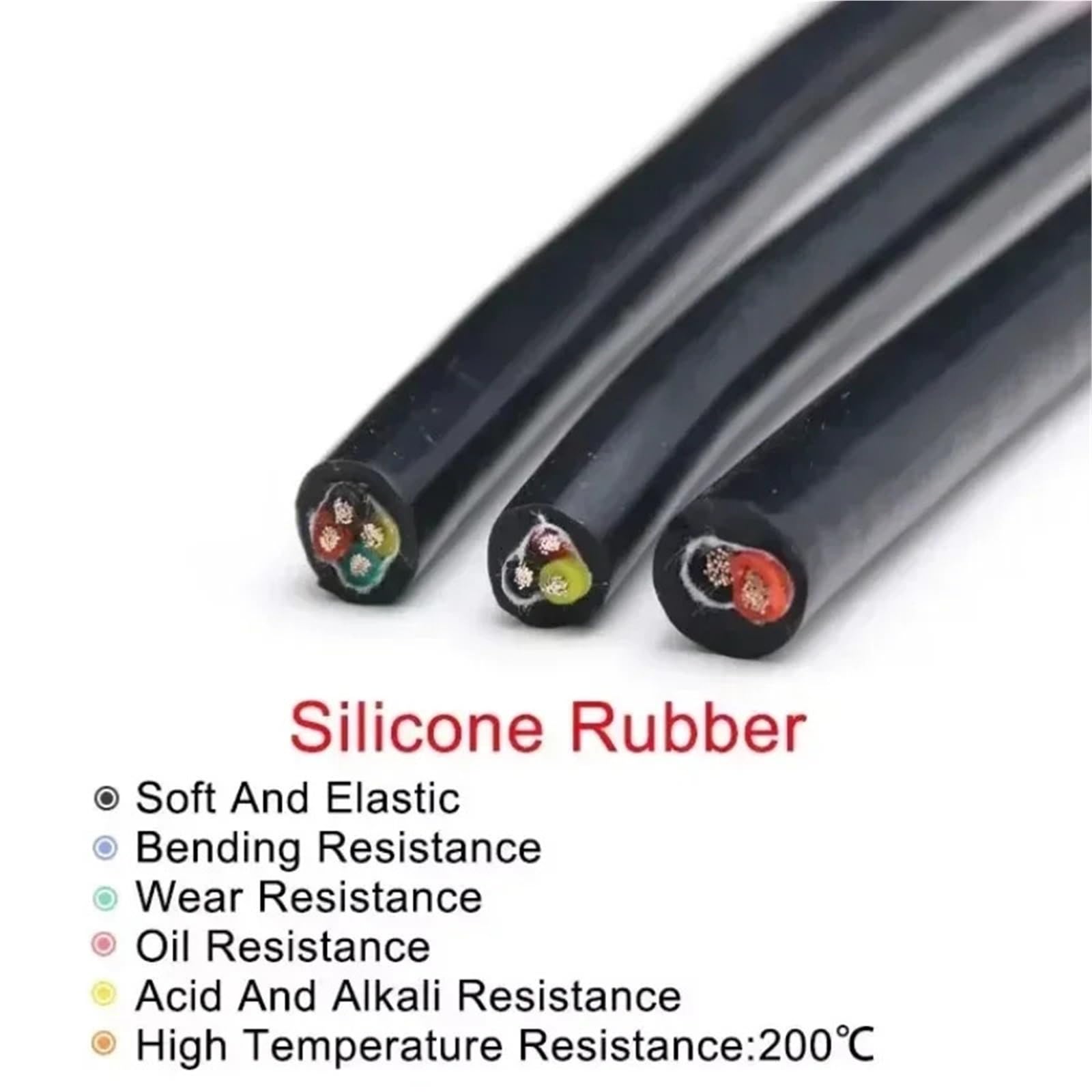 Silikonkabel, Elektrokabel Schwarzes mehradriges Silikonkautschukkabel, 2/3/4/6-adrig, flexibel, isoliert, hitzebeständig bis 200 °C, elektrischer Kupferdraht, 0,3 – 6,0 mm²(Black 4 Cores,5 METERS_SQU